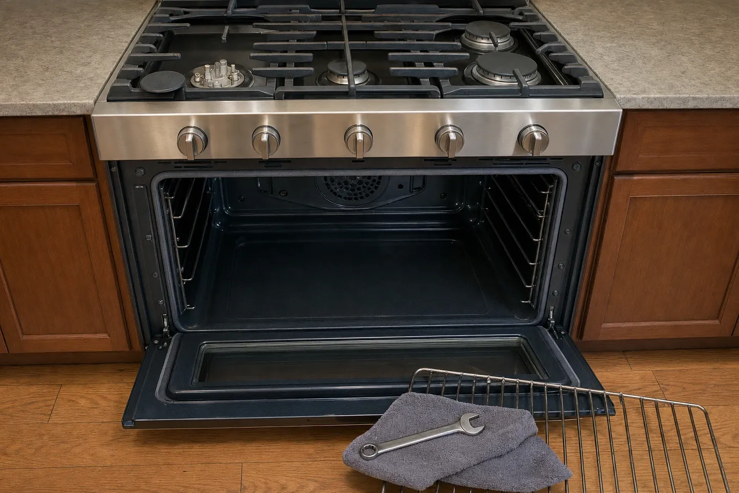 Open oven cavity with the convection fan cover exposed on the back wall, oven rack out on the floor beside a wrench