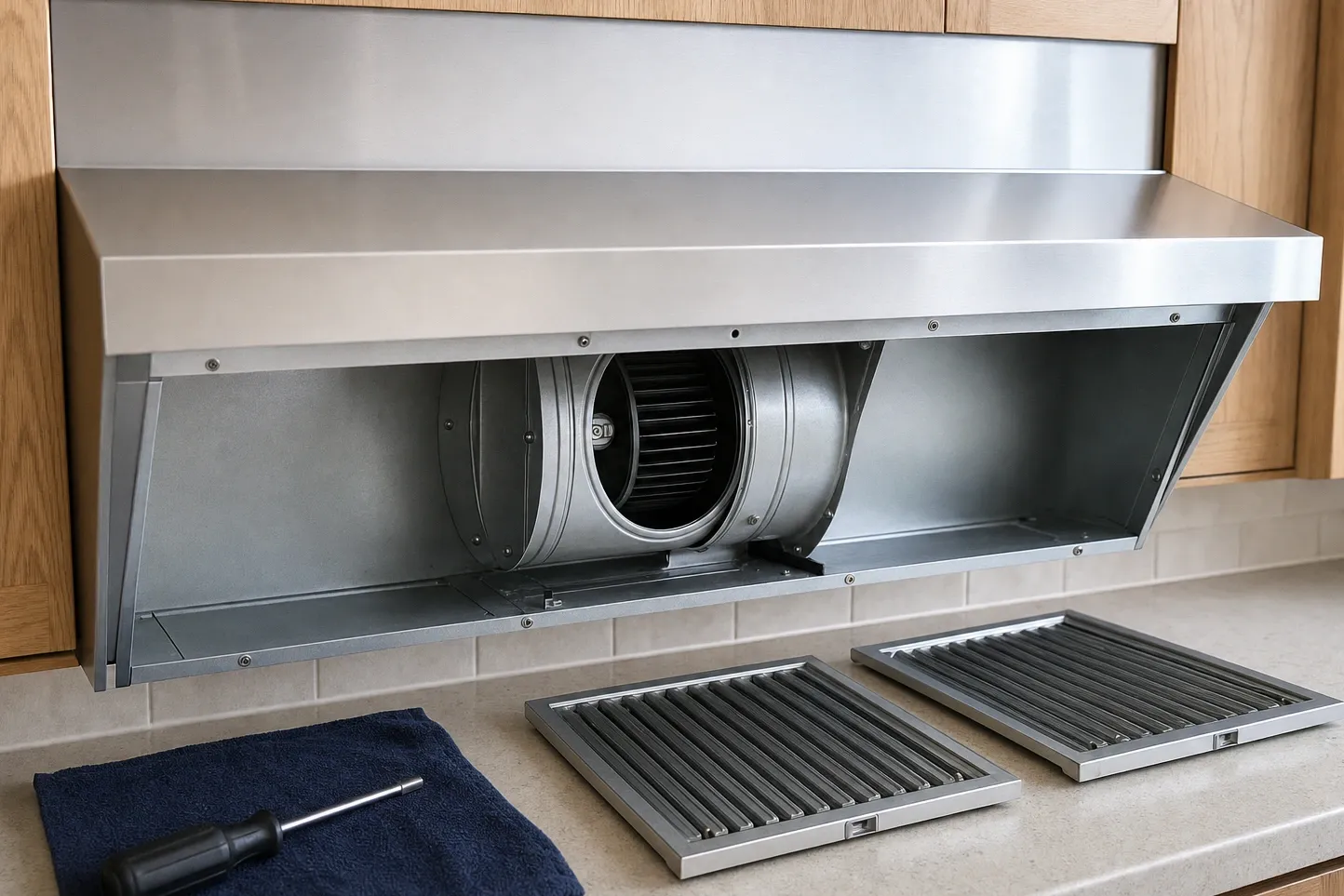 Stainless range hood with the lower panel off, exposing the blower wheel and duct transition, two baffle filters on the counter