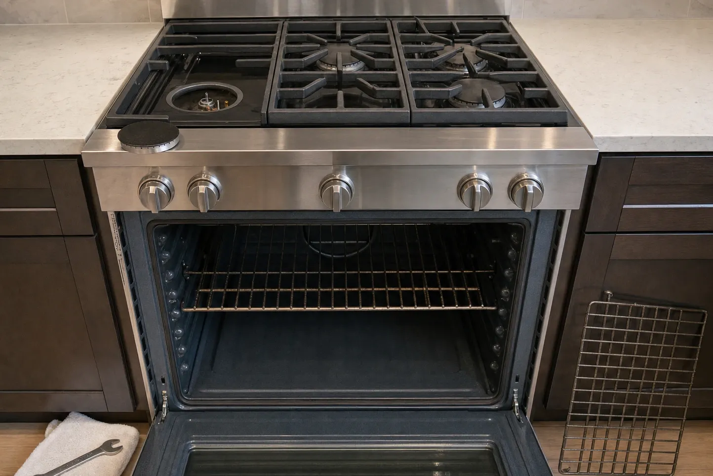 Pro-style stainless range, oven door open with a rack inside, one sealed burner stripped down to its base