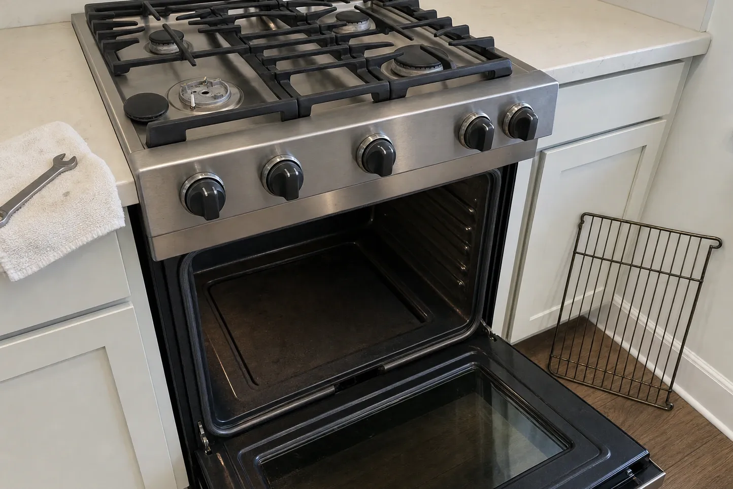 Gas cooktop seen from above with cast grates and one burner cap removed, the spark electrode beside the open head